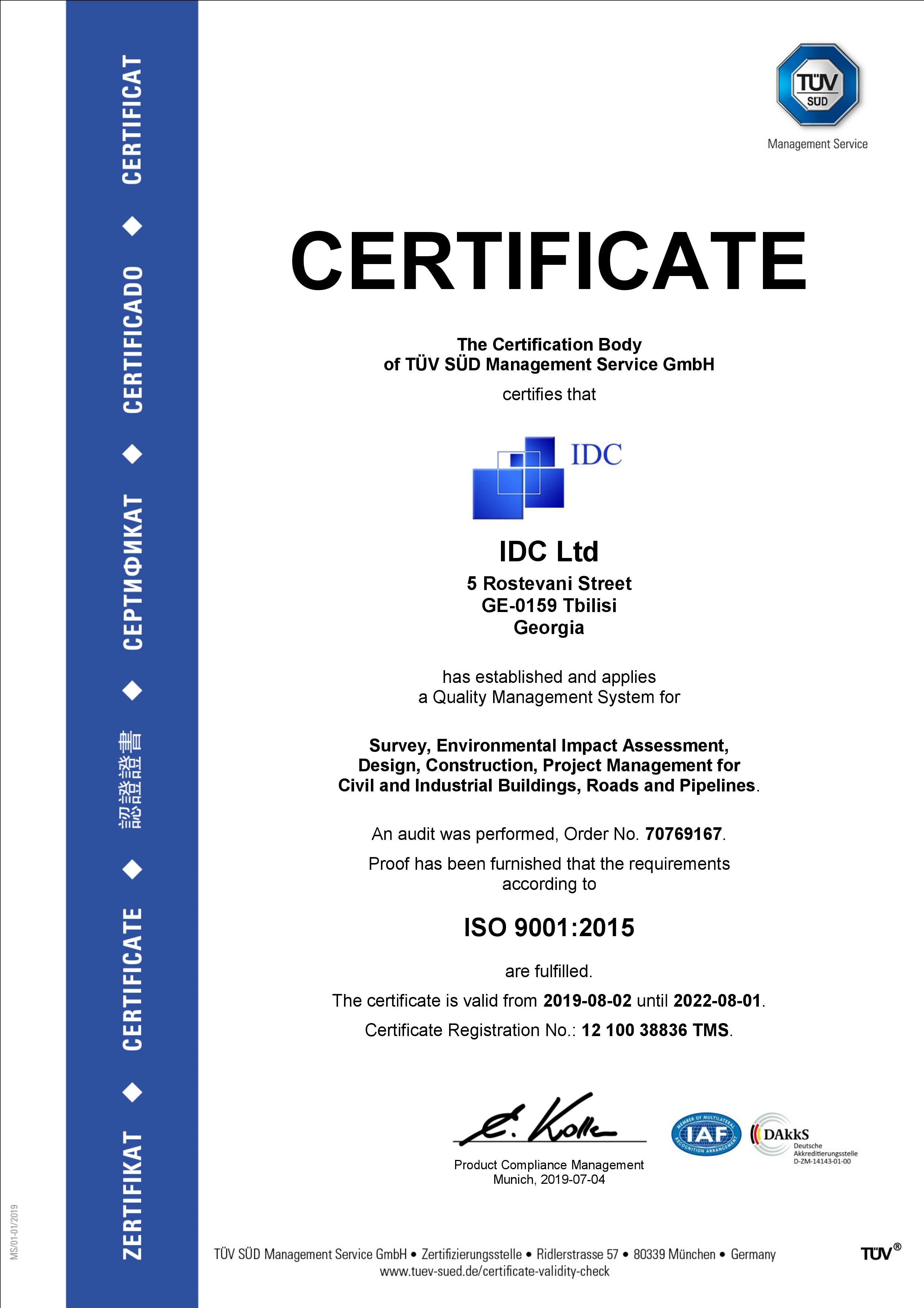 IDC Ltd ISO 9001 2015 Certificate 2019 2022